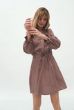 Feminine Waist-Tie Dress with Frill Trim Sleeves