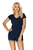 Classic Navy Blue Two-Piece Pajamas with Bow and Lace Accents