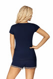 Classic Navy Blue Two-Piece Pajamas with Bow and Lace Accents