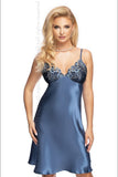 Elegant Azure Satin Nightdress with Floral Embroidery
