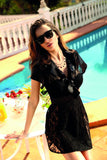 Lace Dressing Gown with Satin Sleeves and Frill Neckline