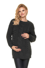 Braided Motif Stand-Up Collar Long Pullover - grey / one-size-fits-all