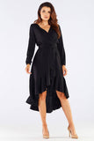 Elegant Viscose Ladies Dress with Frills and Waist Tie