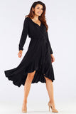 Elegant Viscose Ladies Dress with Frills and Waist Tie