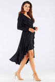 Elegant Viscose Ladies Dress with Frills and Waist Tie