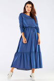 Charming Frill Long Viscose Dress with Belted Fit