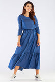 Charming Frill Long Viscose Dress with Belted Fit