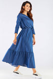 Charming Frill Long Viscose Dress with Belted Fit