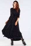 Charming Frill Long Viscose Dress with Belted Waist