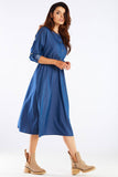 Elegant Midi Dress with Kimono Sleeves and Gold Buttons