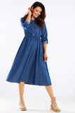 Elegant Midi Dress with Kimono Sleeves and Gold Buttons