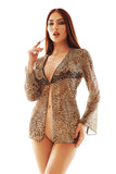 Leopard Print Short Negligee with Elegant Black Embroidery