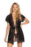 Elegant Black Midi Negligee with Cat Spots and Lace Trim