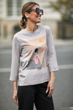 Classic 3/4 Sleeve Knit Blouse with Decorative Print