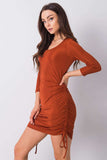 Pleated Brick Dress with 3/4 Sleeves
