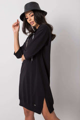 Black Zipped Cotton Dress with 3/4 Sleeves and Slits - black / S/M