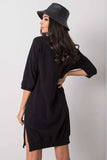 Black Zipped Cotton Dress with 3/4 Sleeves and Slits