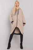 Beige Hooded Long Sweatshirt with Zipper and Pockets