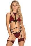 Elegant Lace Three-Piece Lingerie Set in Red Wine