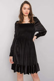 Elegant Black Velour Dress with Frill and Long Sleeves