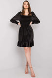 Elegant Black Velour Dress with Frill and Long Sleeves