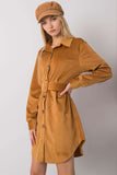 Camel Long Sleeve Button-Down Dress with Belt