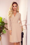 Beige Pleated Chiffon Dress with Long Sleeves and Neckline