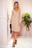 Beige Pleated Chiffon Dress with Long Sleeves and Neckline