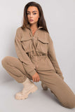 Dark Beige Cotton Zip-Up Jumpsuit for Everyday Wear