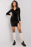 Black Velour Mini Dress with Long Sleeves and Slit