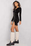 Black Velour Mini Dress with Long Sleeves and Slit