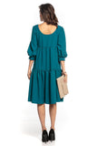 Flared Ruffle Dress with Bouffant Sleeves and Boat Neckline
