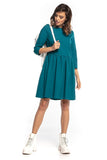 Pleated Midi Dress with 3/4 Sleeves and Flared Hem