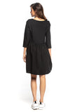 Pleated Midi Dress with 3/4 Sleeves and Flared Hem