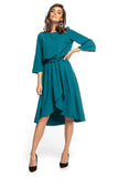 Elegant Asymmetrical Midi Dress with 3/4 Sleeves and Belt