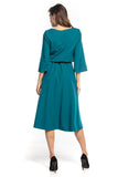 Elegant Asymmetrical Midi Dress with 3/4 Sleeves and Belt