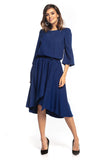 Elegant Asymmetrical Midi Dress with 3/4 Sleeves and Belt
