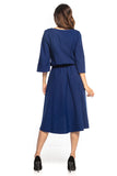 Elegant Asymmetrical Midi Dress with 3/4 Sleeves and Belt