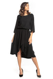 Elegant Asymmetrical Midi Dress with 3/4 Sleeves and Belt