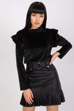 Velour Blouse with Long Sleeves and Frill Details