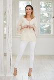 Chic Pleated Blouse with Round Neckline & 3/4 Sleeves