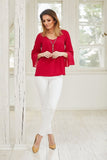 Elegant Round Neck Blouse with Pleated 3/4 Sleeves