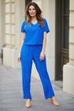 Sapphire Short Sleeve Overall with V Neck and Brooch Detail