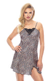 Elegant Cat Print Satin Nightdress with Lace Detail