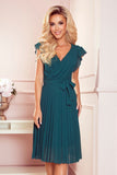 Bottle Green Chiffon Dress with Ruffled Shoulders