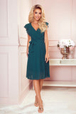 Bottle Green Chiffon Dress with Ruffled Shoulders