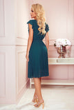 Bottle Green Chiffon Dress with Ruffled Shoulders