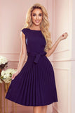 Navy Blue Pleated Dress with Short Sleeves and Belt