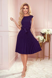Navy Blue Pleated Dress with Short Sleeves and Belt
