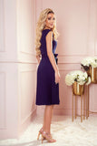 Navy Blue Pleated Dress with Short Sleeves and Belt